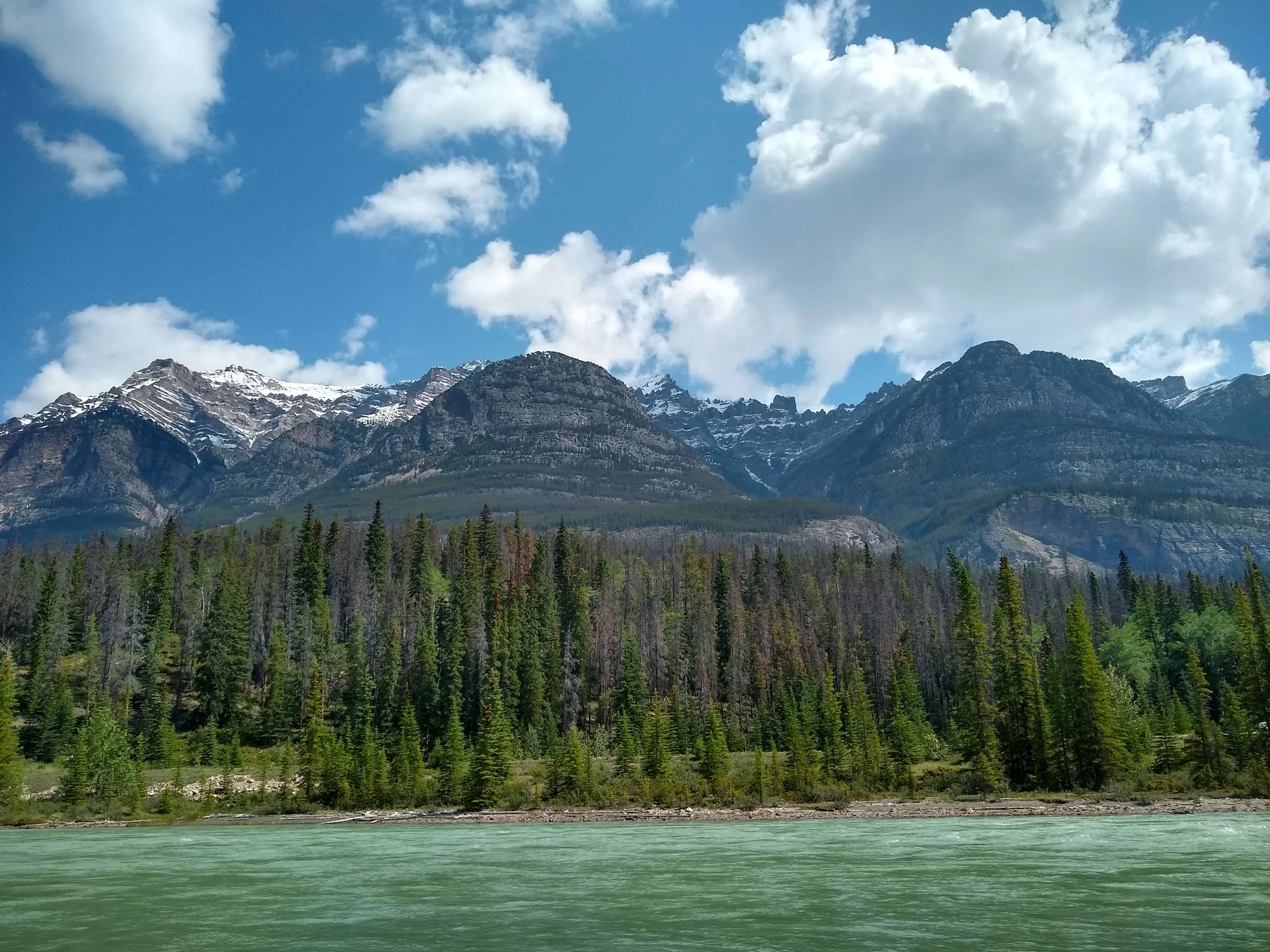 the Athabasca river, an aqua green river backed by snow-capped mountains
