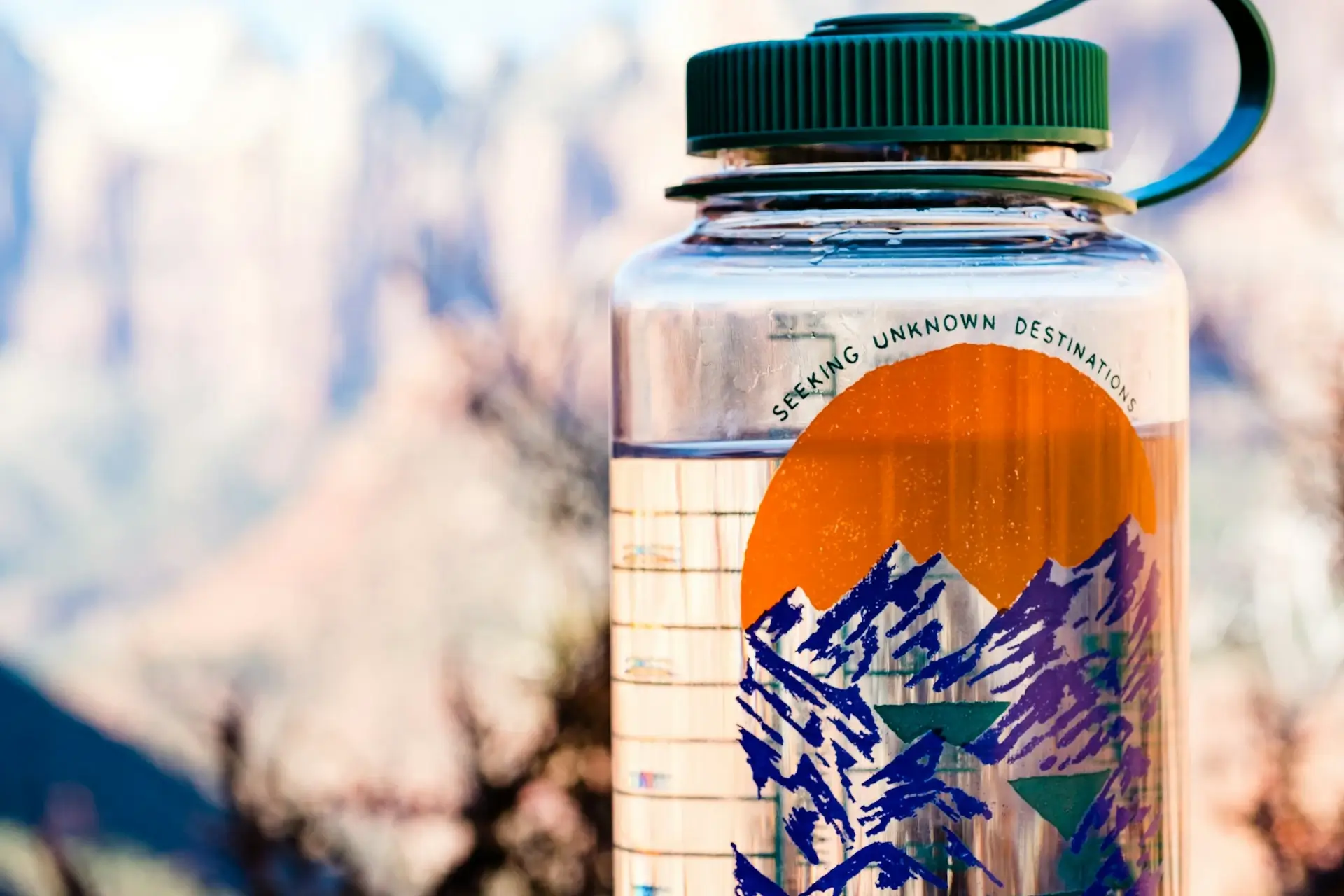 A water bottle full of water in the foreground, and the desert wilderness in the background!